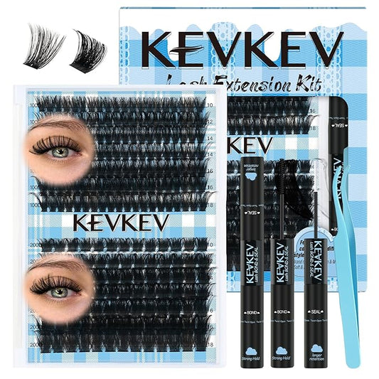 KEVKEV Lash Clusters Kit 231Pcs Volume Lash Clusters Thick Lash Extension Kit 100D+200D Individual Lashes With Lash Bond and Seal Tweezers For DIY Lashes (0.05D,10-18mm)