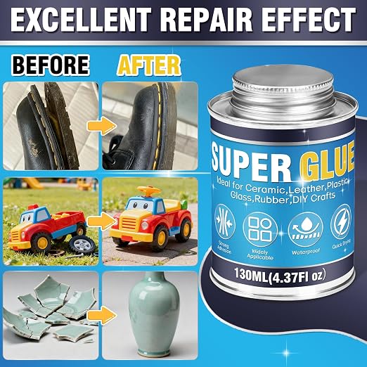 Super Glue, Super Glue All Purpose, 130ml Long-Lasting & Clear Glue with Brush, Powerful Cyanoacrylate Glue for Cotton, Flannel, Denim, Leather, Metal, Wood, PVC, Plastic, Glass, Acrylic, Ceramics