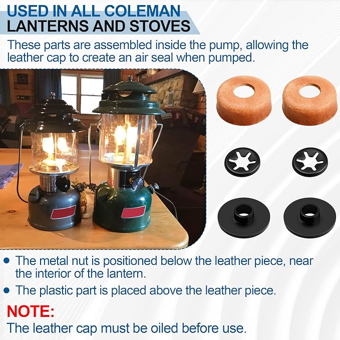 3000005094 Compatible Replacement Pump Cup Kit for Coleman Lanterns & Stoves – Includes Leather Pump Caps, Metal Nuts, and Plastic Caps for Airtight Seal