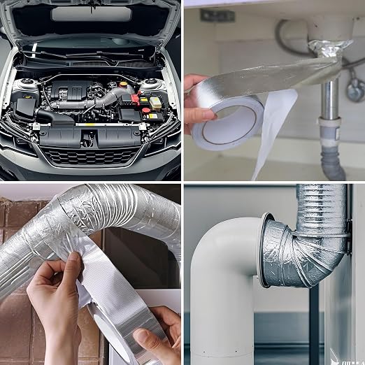 Aluminum Foil Heat Shield Tape, Silver Self-Adhesive Reflective Heat Resistant Thermal Foil Tape, Fiberglass Heat Shielding Cool Tapes for Hose and Auto Use