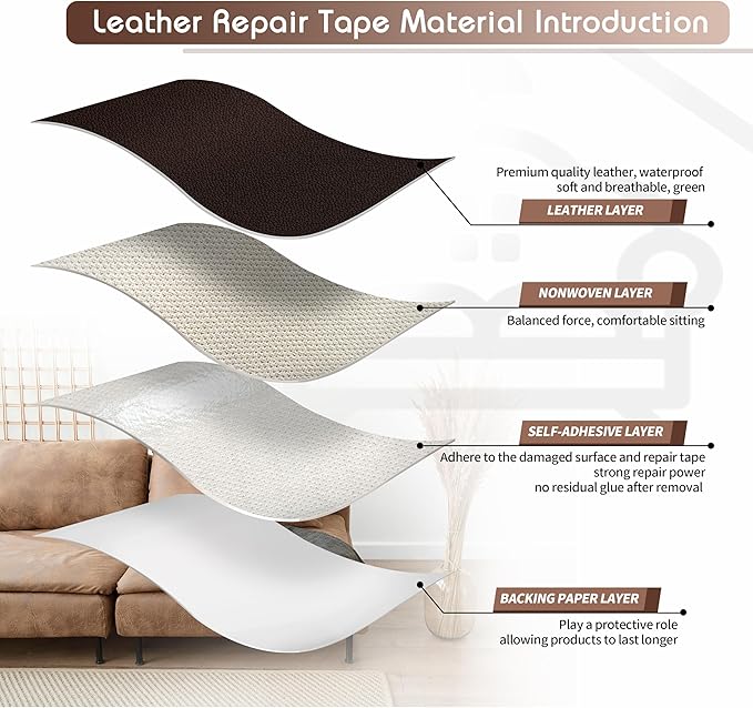 KING MOUNTAIN Leather Repair Patch,4 x 63 Inches self Adhesive Leather Repair Tape for Damaged Leather Furniture, Sofa Seating,Car Seats, Leather Goods（Fine Grained Dark Brown）