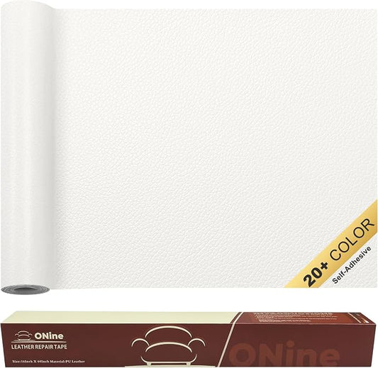 ONine Leather Repair Patch，Self-Adhesive Couch Patch，Multicolor Available Scratch Leather 16X60 Inch Peel and Stick for Sofas, Car Seats Hand Bags Jackets(White-Litchi Grain)