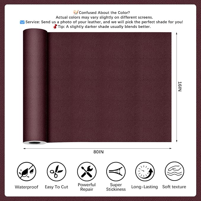 Dark Brown Leather Repair Tape, 16x80 Inch Leather Repair Patch Self-Adhesive, Waterproof Faux Leather Patch, Vinyl Repair Tape for Couch, Sofas, Furniture, Office Chair, Car Seats