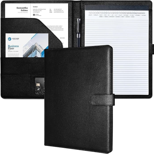 Mymazn Padfolio, Portfolio Folder, Legal Pad Holder, Resume Folder | Faux Leather Binder with Document Organizer, Business Card Holder, Letter-Size Notepad for Interview, Men & Women, Black