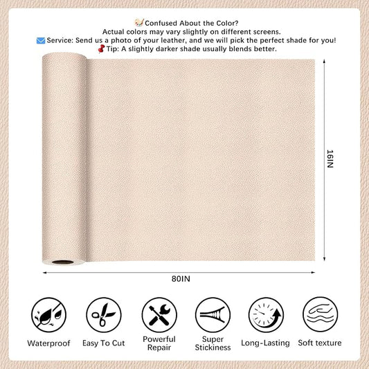 Khaki Leather Repair Tape, 16x80 Inch Leather Repair Patch Self-Adhesive, Waterproof Faux Leather Patch, Vinyl Repair Tape for Couch, Sofas, Furniture, Office Chair, Car Seats