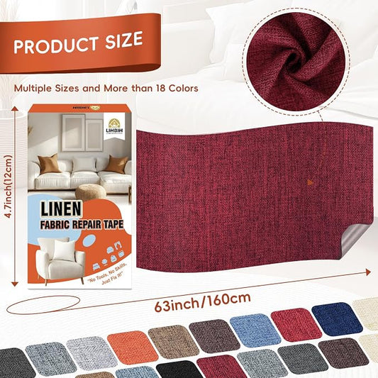 Linen Fabric Repair Tape 4.7x63 Inch, Self Adhesive Couch Patch Repair Fabric Tape for Furniture, Linen Patch Kit for Couch, Carpet, Upholstery, Chair, Sofa, Cushion, Bag (Burgundy)