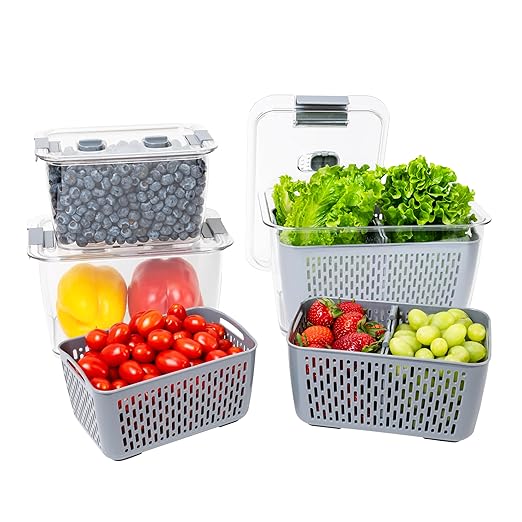 Kitchen Spaces Stackable Fridge Storage Colander Containers for Fresh Produce, Variety Pack, 3 Sizes to Organize Washed Fruits and Veggies, Snap and Seal Lids with Adjustable Vents, Hand Wash Only
