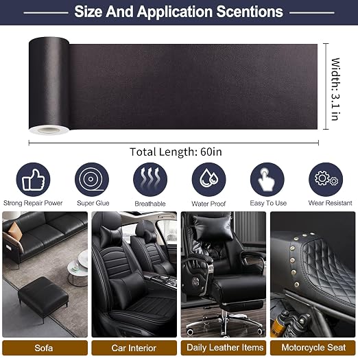 Leather Patches for Furniture,Self Adhesive Leather Repair Patch,Leather Patch Tape kit for Couch,Car Seat,Motorcycle seat,Loveseat (Dark Brown, 3.1"x 60"(Fine-Grained))
