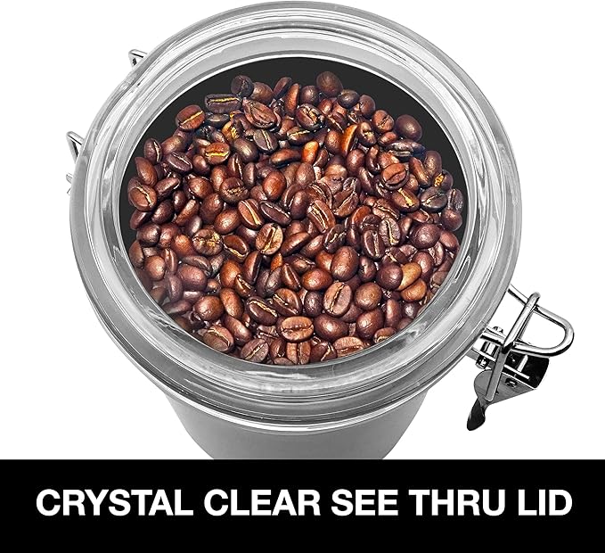 Oggi Set of 4 Stainless Steel Kitchen Canisters - Airtight Clamp Lid, Clear See-Thru Top - Ideal for Kitchen Storage, Food Storage, Pantry Storage - Includes 1 each: 26oz, 36oz, 47oz, 62oz.