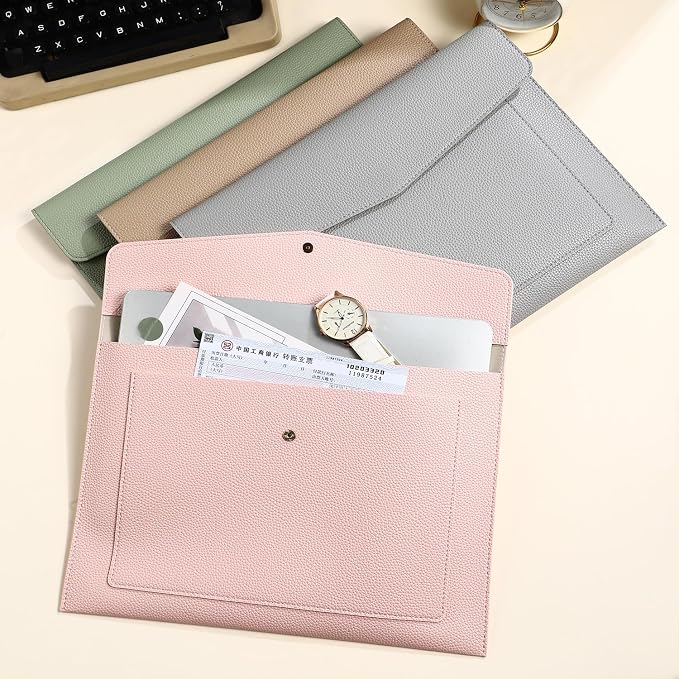 A4 Large Capacity Document Bag, Premium PU Leather File Holder, Multi-Color, Double-Layer Design, 13.39 x 10.04 Inches (Green)