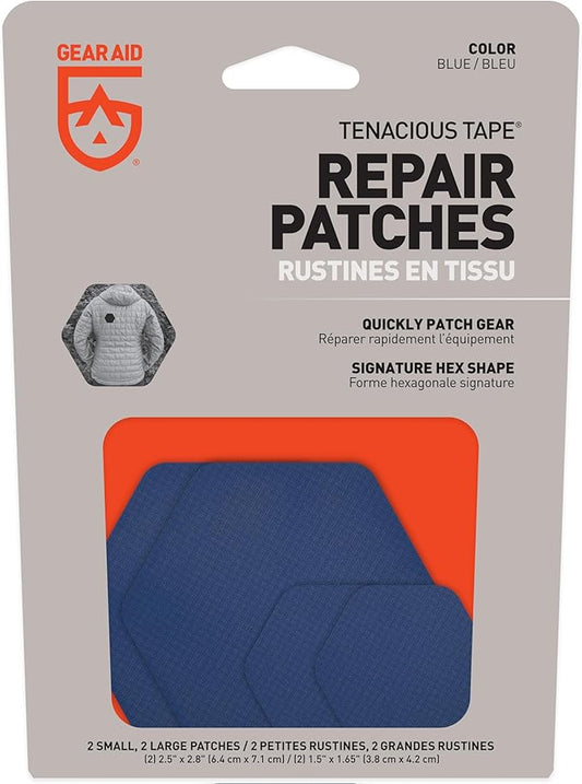 GEAR AID Tenacious Tape Hex – 2.5” & 1.5” Repair Patches (8 Patches: Four 2.5” & Four 1.5”, Blue) – Peel-and-Stick Outdoor Nylon Fabric to Fix Holes and Burns in Down Jackets, Rain Gear and Tents