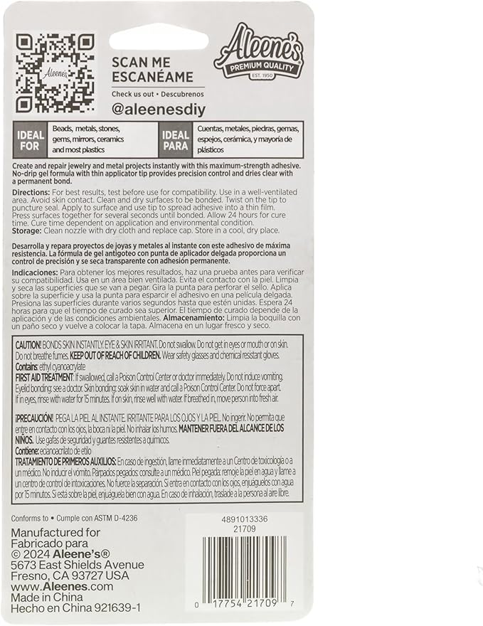 Aleene's 21709 Jewelry & Metal Glue, 0.7 oz - Instant Adhesive, Permanent Bond, Waterproof, Dries Clear, Ideal for Repairs