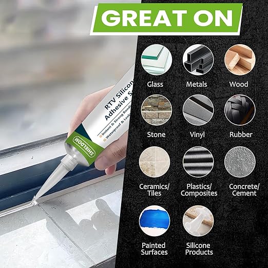 SHIELDOM RTV Silicone Sealant Waterproof Seal & Caulk All-Purpose Adhesive Stronger Adhesion, Shrink & Crack Proof Caulking Sealer for Car, Kitchen, Window, Bathroom, Door - Grey 3.4 Fl. Oz.