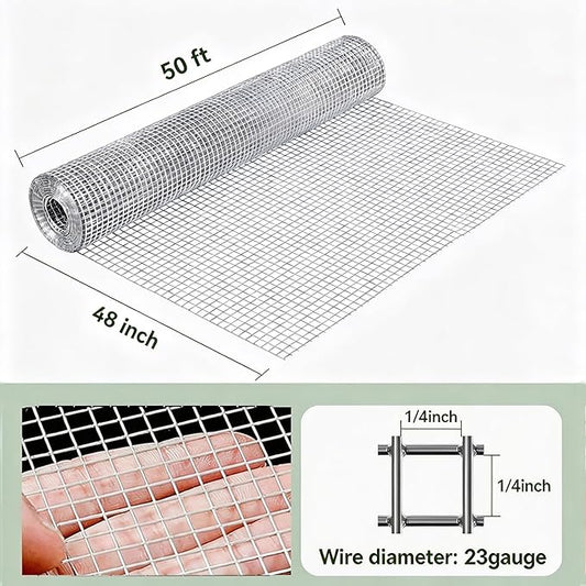 AMAGABELI GARDEN & HOME 48x50 Hardware Cloth 1/4 inch Square Galvanized Chicken Wire Welded Fence Mesh Roll Raised Garden Bed Plant Supports Poultry Netting Cage Wire Snake Fence