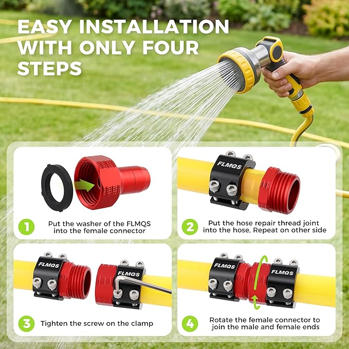 Garden Hose Repair Kit with Upgraded Tight Clamp - 3 Sets Heavy Duty Aluminum Alloy Hose Connector, Fit for 3/4" Hoses, Includes 6 Extra Washers - Leak-Proof Easy Fix (Red)