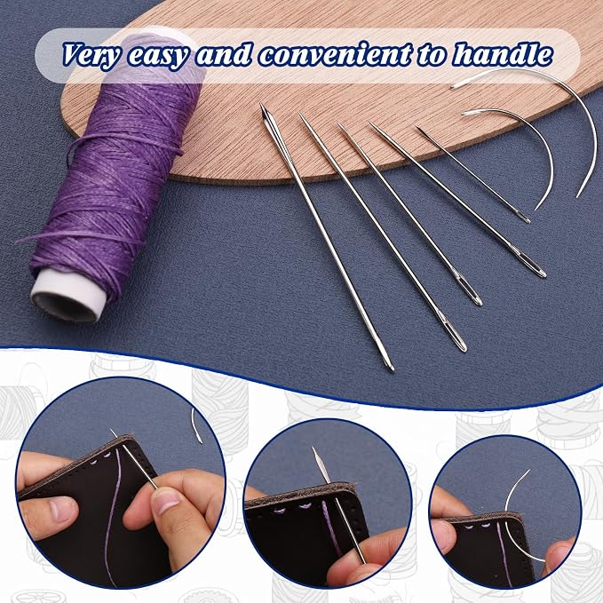 Ftyiwu Waxed Thread, Upholstery Needle and Thread 32 Yards with 7PCS Hand Sewing Needles for Home Upholstery Carpet Canvas Repair Leather Sewing (Purple)