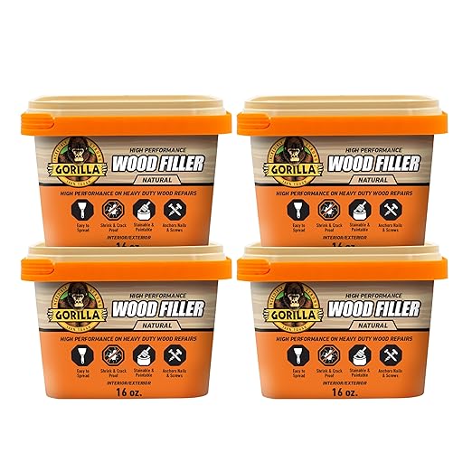 Gorilla All Purpose Wood Filler, Natural Finish, 16 Ounce Tub (Pack of 4) - Water Resistant for Indoor or Outdoor Projects and Repairs