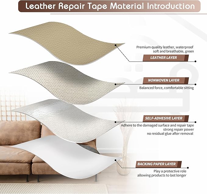 KING MOUNTAIN Leather Repair Patch,2 Packs 9 x 11 Inches self Adhesive Leather Repair Tape for Damaged Leather Furniture, Sofa Seating,Car Seats, Leather Goods（Medium Beige）