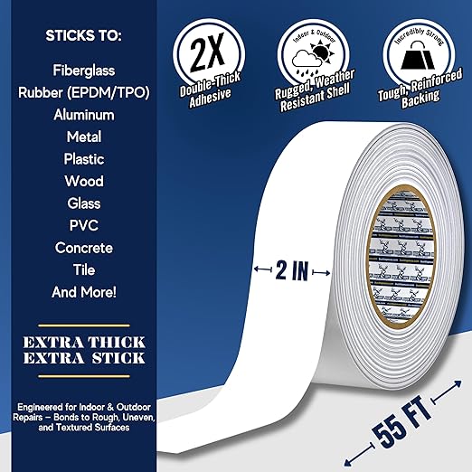 4 Pack Buck RV Roof Sealant Tape – 2 Inch x 55ft, 40 Mil – Waterproof RV Tape for Roof Repair, Seams, Skylights, Vents & Window Leaks on Camper, Trailer & Boat, UV Resistant & Weatherproof, White