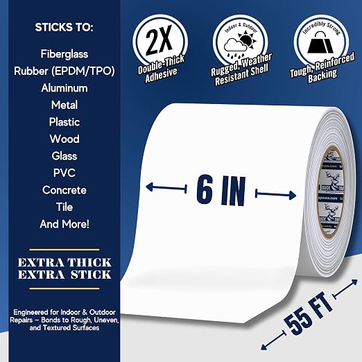 2 Pack Buck RV Roof Sealant Tape – 6 Inch x 55ft, 40 Mil – Waterproof RV Tape for Roof Repair, Seams, Skylights, Vents & Window Leaks on Camper, Trailer & Boat, UV Resistant & Weatherproof, White