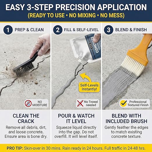 YKF Concrete Crack Filler (1.1lb) - Self-Leveling Liquid Cement Sealant for Driveways, Garage Floors, Patios - Waterproof, High Elasticity, Quick Drying - Gray