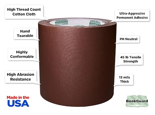 BookGuard 4 inch Premium Bookbinding Repair Cloth Tape, 15 Yard Roll, Brown