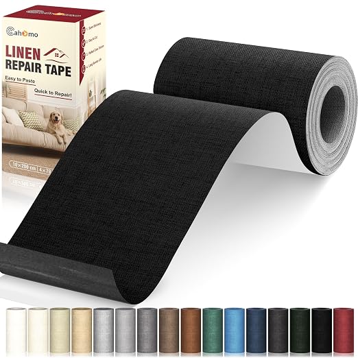 Cahomo Linen Repair Tape 4x79 inch, Self Adhesive Linen Fabric Tape, Linen Fabric Patch Tape Kit, Fabric Repair Tape for Sofas, Headboards, Chairs, Curtains - Black