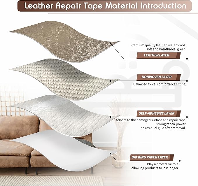 KING MOUNTAIN Leather Repair Patch,12 x 60 Inches self Adhesive Leather Repair Tape for Damaged Leather Furniture, Sofa Seating,Car Seats, Leather Goods（Khaki）