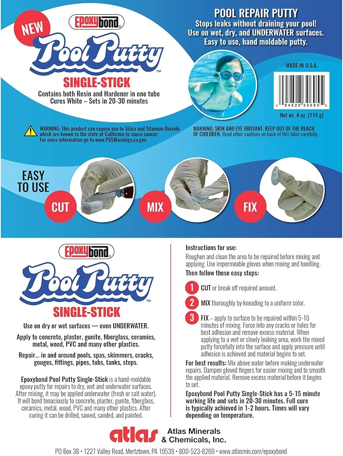 Single-Stick 2 oz | Pool & Spa Repair | Easy for Anyone to DIY | Works Underwater or Above | Fix Cracks Leaks in Concrete, Fiberglass & Other Surfaces | by Atlas Minerals