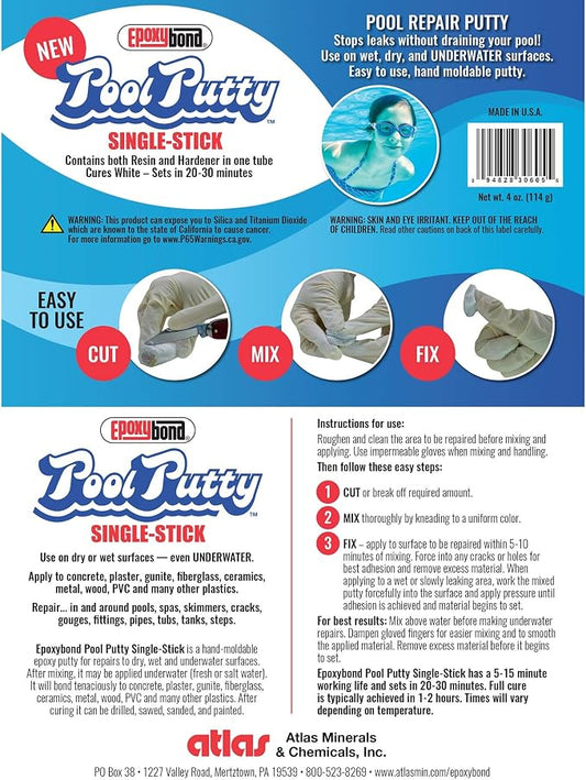 Single-Stick 4 oz | Pool & Spa Repair | Easy for Anyone to DIY | Works Underwater or Above | Fix Cracks Leaks in Concrete, Fiberglass & Other Surfaces | by Atlas Minerals