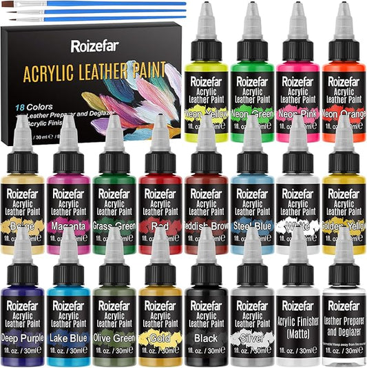 Roizefar Acrylic Leather Paint, Ultimate All-in-One 20 x 30ml Kit with Deglazer & Finisher, 18 Colors Flexible & Waterproof Leather Dye for Shoes, Bags, Jackets, Sneakers, Couches, Car Seats, Sofa