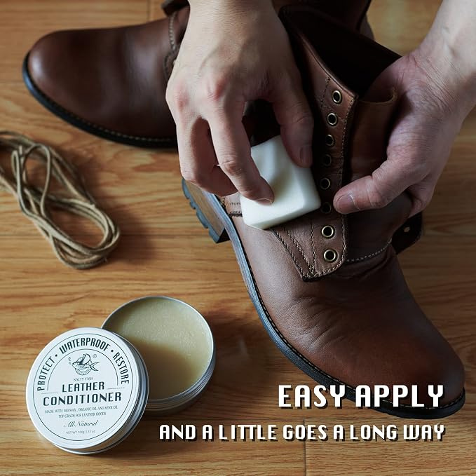 SALTY FISH All-Natural Leather Conditioner and Cleaner,Made with Mink Oil Beeswax,Protect Soften Waterproof Leather Furniture,Car Seats,Shoes,Boots,Bags (3.53 Oz with Sponge)