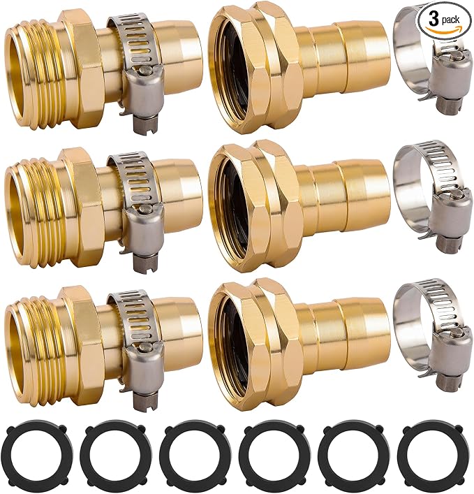 3 Set Garden Hose Repair Connector Kit with Clamps, Fit for 3/4" or 5/8" Garden Hose Fitting, Male and Female Hose Adapter, Water Hose Repair Kit