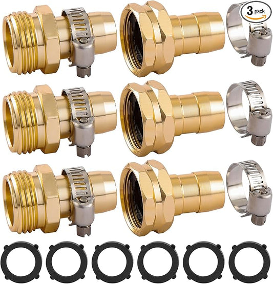 3 Set Garden Hose Repair Connector Kit with Clamps, Fit for 3/4" or 5/8" Garden Hose Fitting, Male and Female Hose Adapter, Water Hose Repair Kit