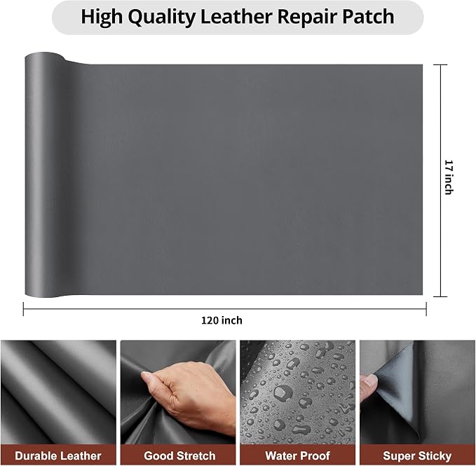Leather Repair Patch Tape, 17x120 inch Large Self Adhesive Leather Repair,Vinyl Repair Patch Kit for Couches, Car Seats, Chairs, Furniture 17X120 inch,Grey