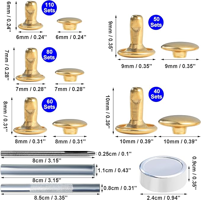 YORANYO 340 Sets Leather Rivets Kit Mixed Sizes Rivets for Leather Double Cap Rivets Studs for Clothing Fabric with Leather Crafting Rivet Tool for Repair Decorate Clothes Shoes Bags Belts (Gold)