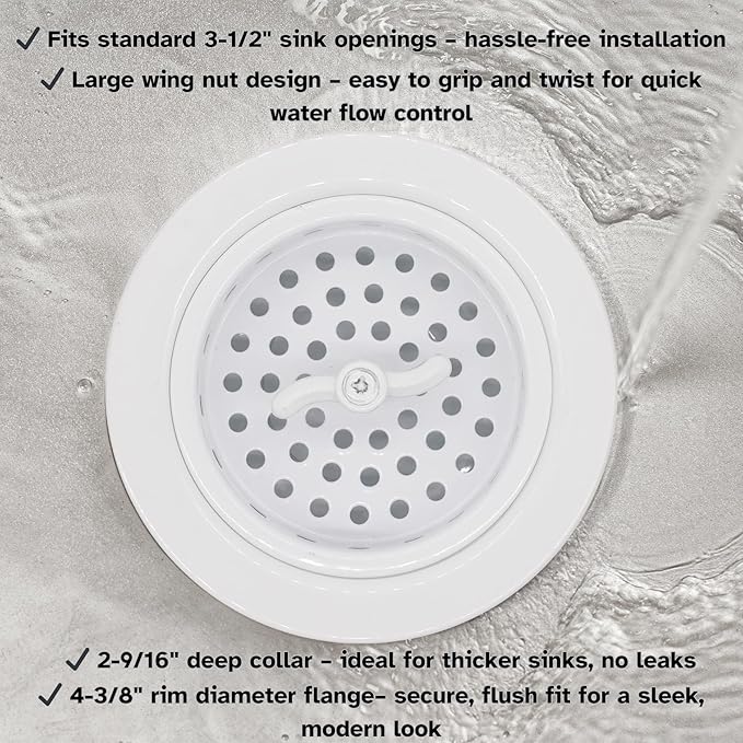 Westbrass A213-50 3-1/2" Wing Nut Twist Style Large Kitchen Sink Basket Strainer, Powder Coat White