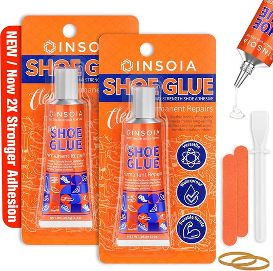 INSOIA Shoe Glue Sole Repair Kit 29.5 MLx 2, Heavy Duty Clear Shoe Adhesive, Waterproof, Flexible, for Sneakers, Boots, Leather, Rubber, Canvas, heel, Patch and More - Cement Dries Within 24 Hrs
