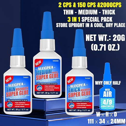 2/150/2000 CPS (Thin/Medium/Thick) CA Glue, Cyanoacrylate Super Glue Wood, Glass, Metal, Paper, Leather, Plastic, Ceramic, Rubber, Jewelry, Woodworking, Hobby Models, and Craft Project 60g(2oz)