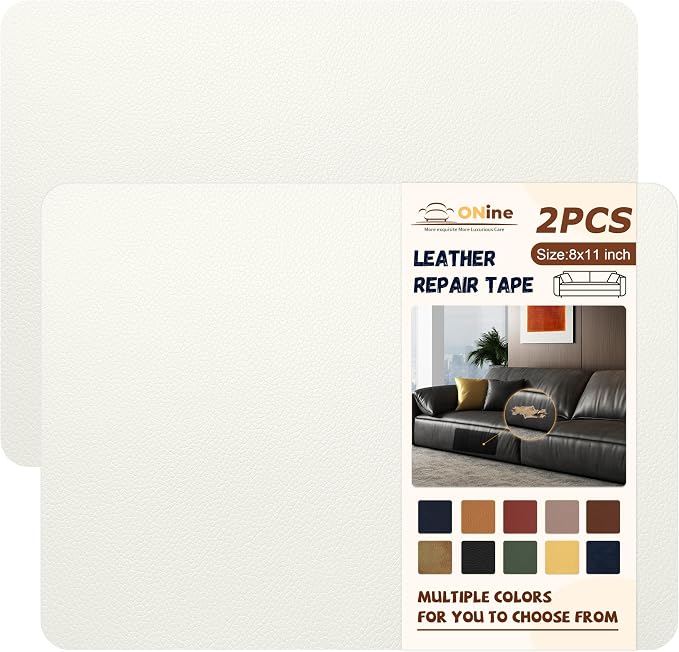 ONine Leather Repair Patch,Self-Adhesive Couch Patch,Multicolor Available Scratch Leather 8.3X11 Inch （2pcs） Peel and Stick for Sofas,Car Seats Backpack Jackets(White-Litchi Grain)