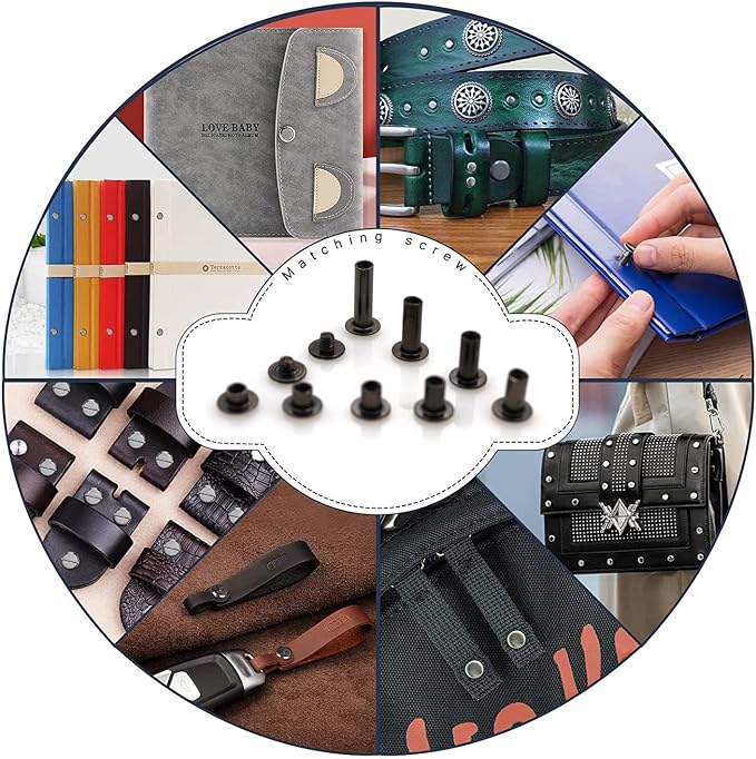 110 Sets Black Chicago Screws Leather Assorted Kit ，8 Sizes of Rivet Screws for Chicago Rivet for DIY Leather Craft and Bookbinding (M5 X 4, 5, 6, 8, 10, 12,15,18)