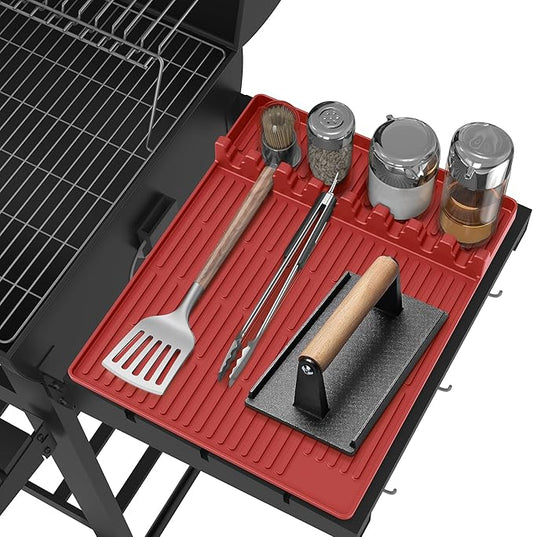 Silicone Grill Mat Compatible with Blackstone, BBQ Griddle Tools Mat with Drip Pad, Large Spatula Holder for Outdoor Kitchen Counter, Gifts for Men (red)