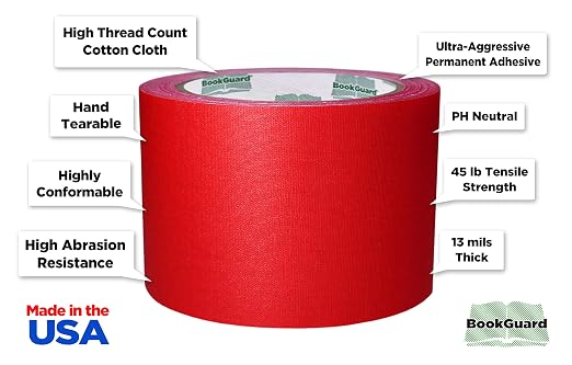 BookGuard 3 inch Premium Bookbinding Repair Cloth Tape, 15 Yard Roll, Red