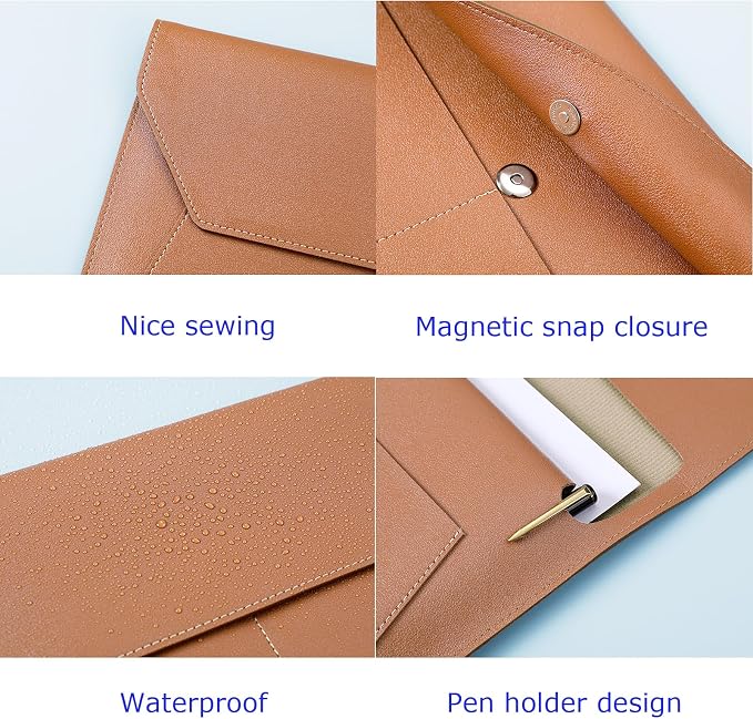 PU Leather A4 File Folder Document Holder with 3 Pockets Waterproof Stylish Envelope Folder Case with Snap Closure (Khaki)
