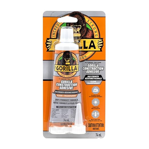 Gorilla Max Strength Construction Adhesive, Clear Glue, 2.5 Ounce Squeeze Tube (Pack of 1) - Gap Filling and Waterproof