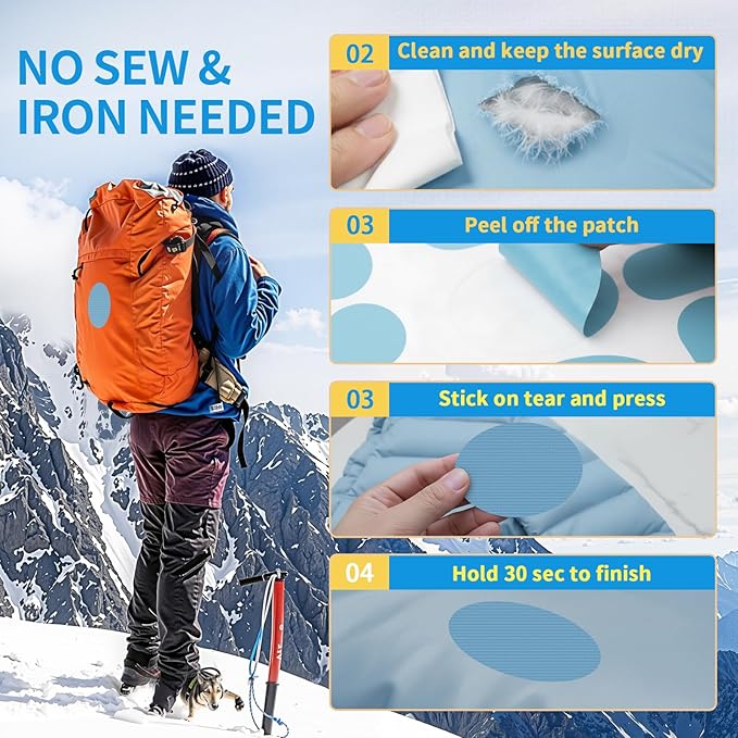 Waterproof Self-Adhesive Nylon Patches for Tent Repair Kit, 24pcs Outdoor Gear Tenacious Repair Tape, Fabric Patches for Clothes, Down Puffer Jacket, Tent, Sleeping Bag, Backpack, Sky Blue