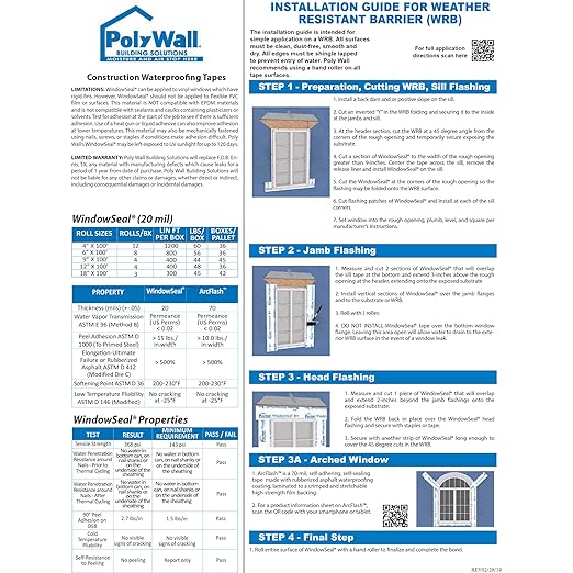 POLYGUARD WindowSeal Window and Door Flashing Tape, 6 in x 100 ft Roll, 20 mil Thick, Self-Sealing & Self-Adhering Waterproof Barrier