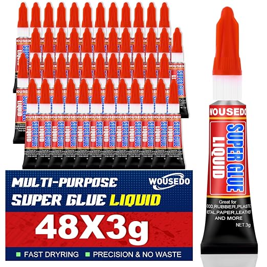 WOUSEDO 48 X 3g Super Glue Liquid, Clear Strong Adhesive,Fast Drying Cyanoacrylate Glue for Wood, Rubber, Leather, Hard Plastic, Metal, DIY Crafts and More