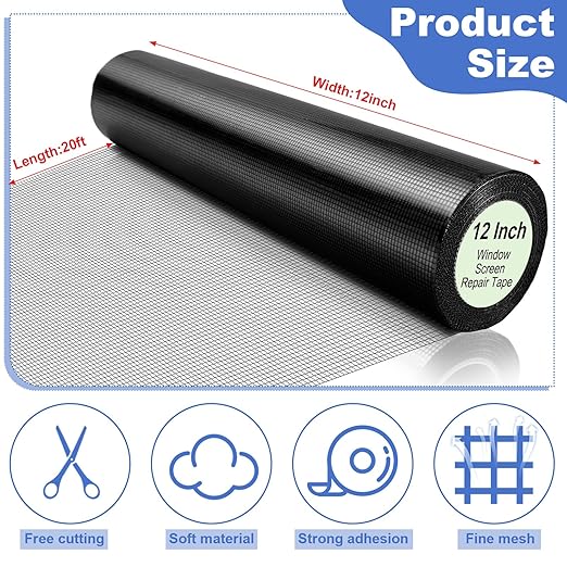 CroBlissful Extra Wide 12 inch x 20 ft Window Screen Tape Mesh Repair Strong Adhesive Waterproof Fiberglass Screen Repair Kit Patch for Window Door Tears Holes(Black)
