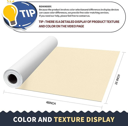 ONine Leather Repair Tape,Self Adhesive Leather Repair Patch,Leather Patches for Furniture,Sofa,Car Seats,Office Chair. Vinyl Repair Kit 16x48in(White Khaki)